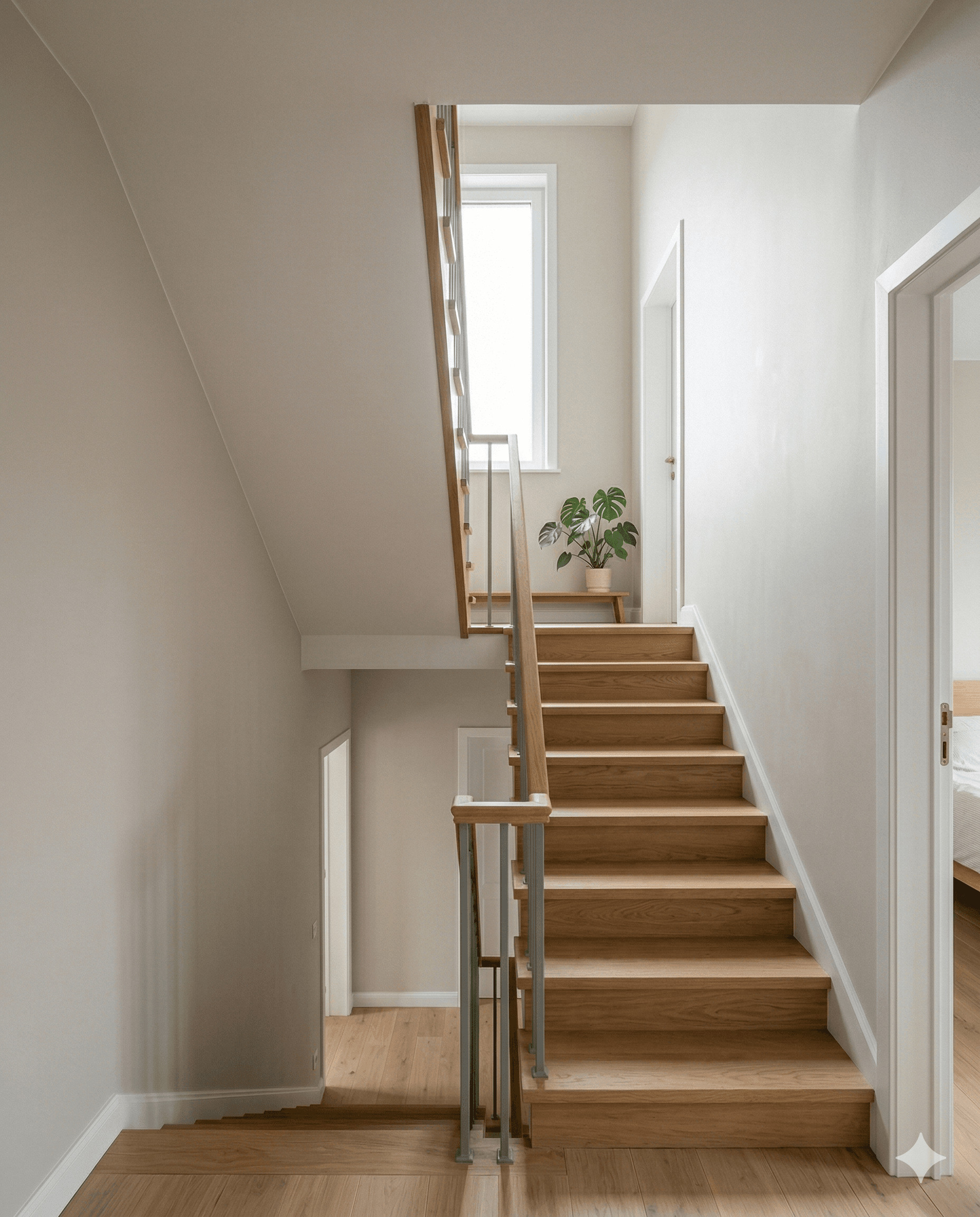 Cage d'escalier moderne repeinte en tons clairs avec finitions propres