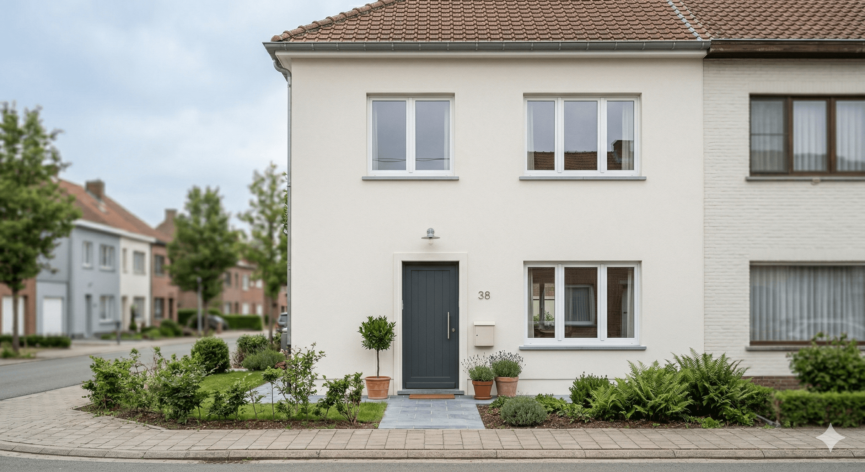Façade avant de maison repeinte dans une teinte claire avec entrée soignée