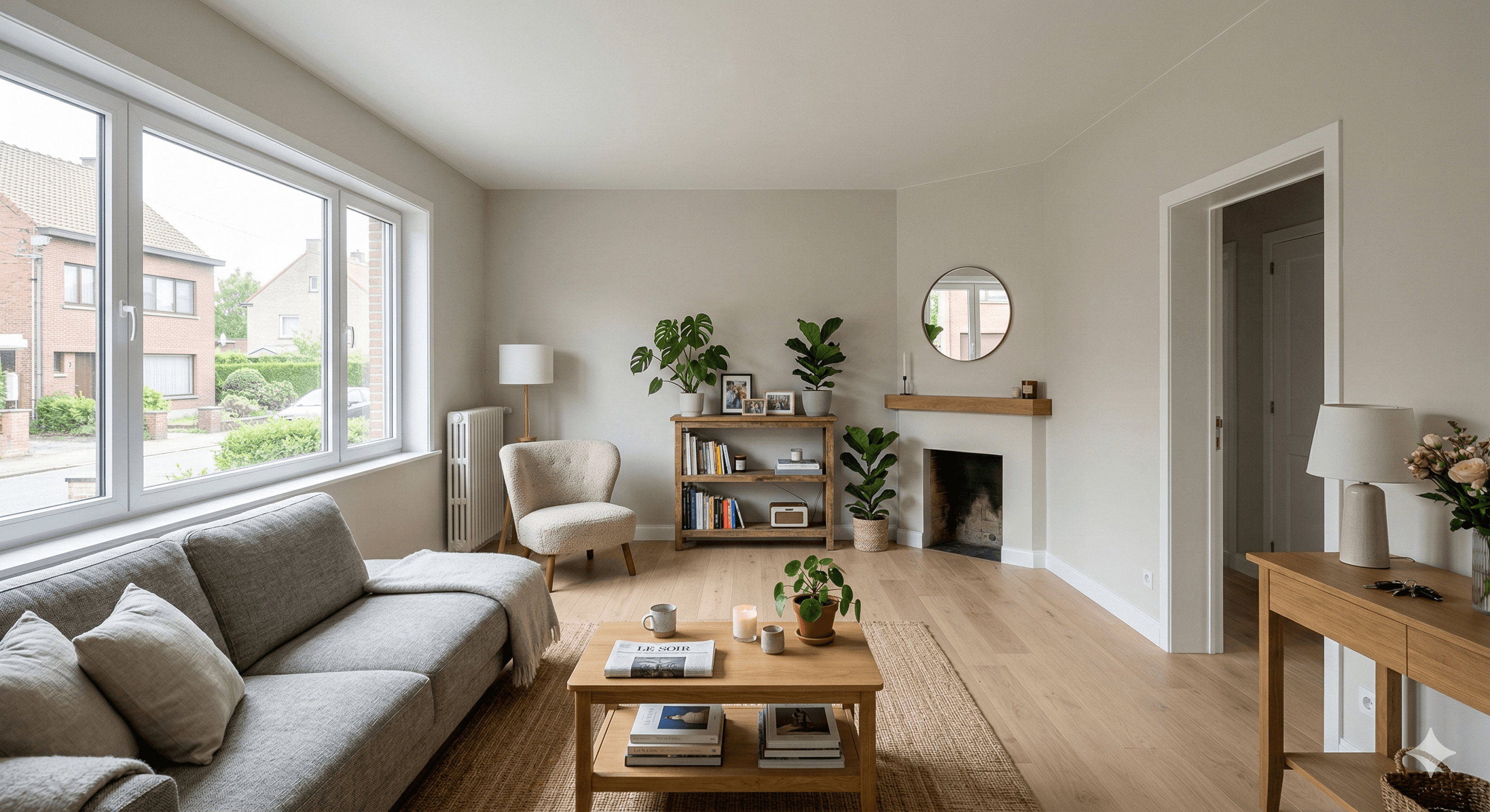 Salon lumineux repeint dans des tons naturels avec une finition mate soignée